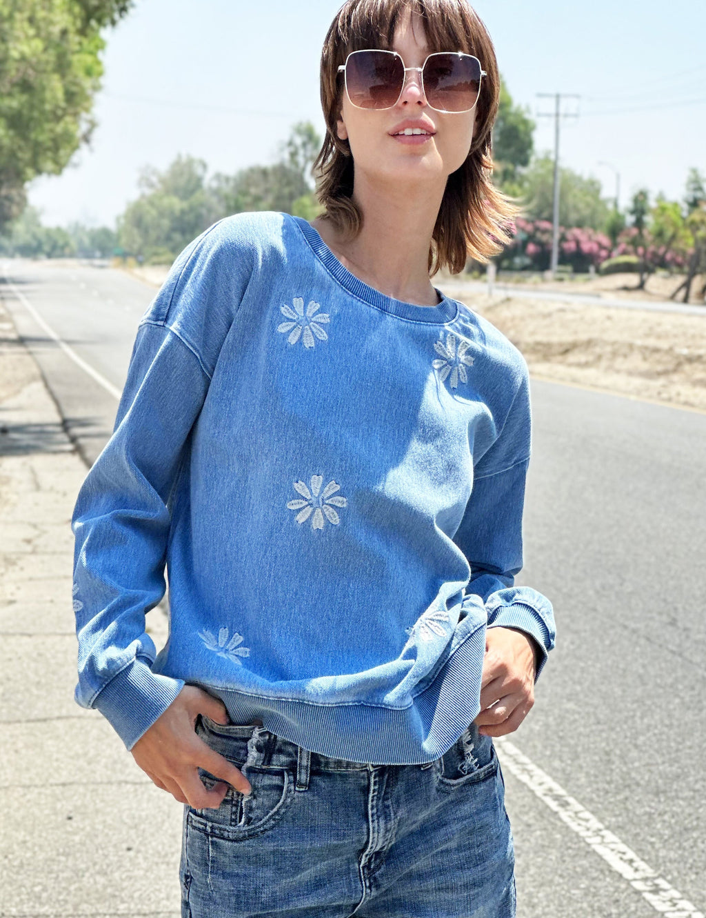 Women's Daisy Embroidered Sweatshirt Front View