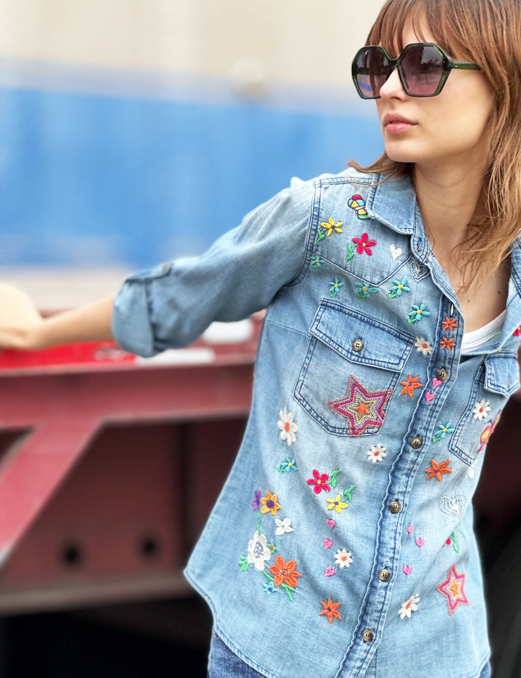 Women's Designer Embroidered Denim Shirt