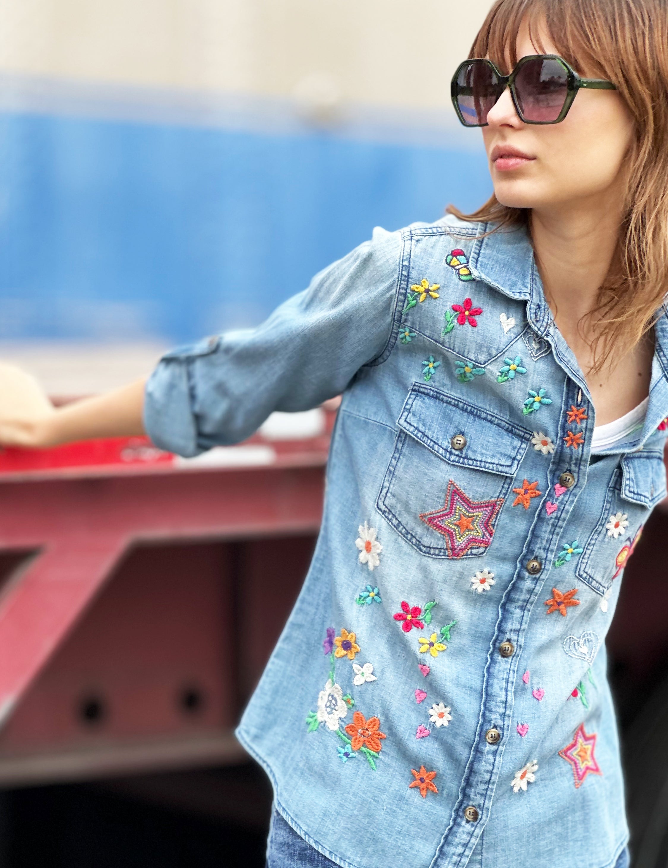 Women's Designer Embroidered Denim Shirt